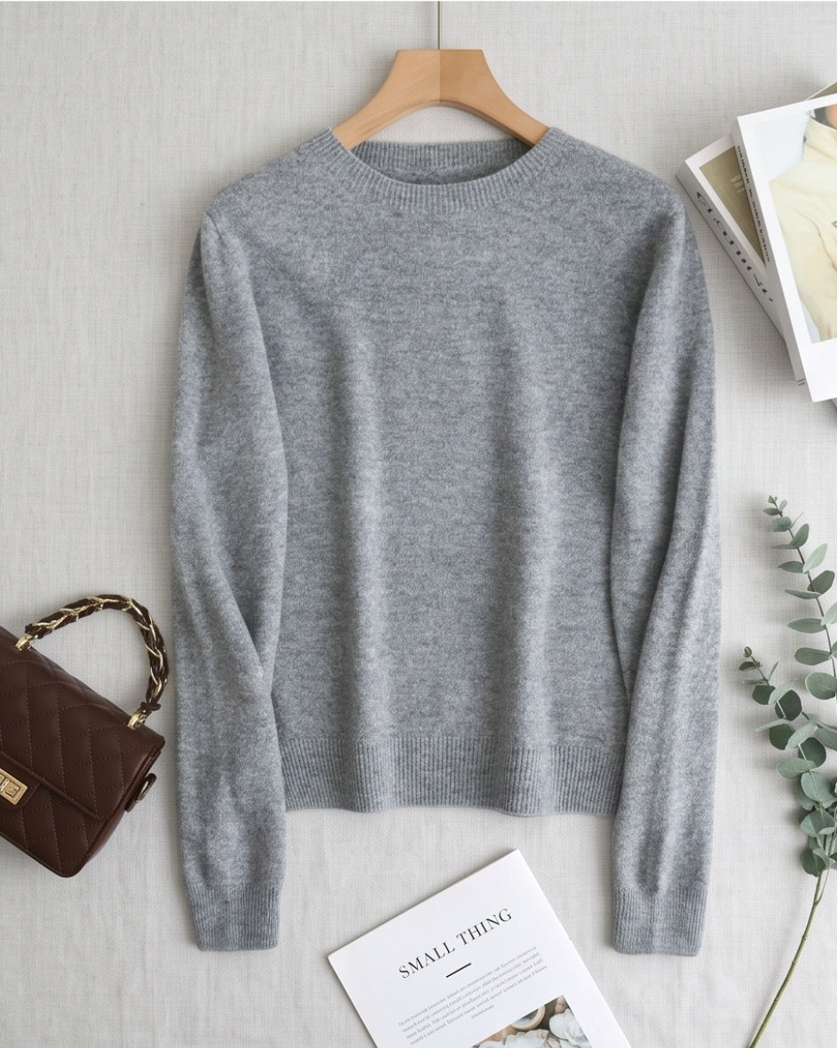 Damen Wollpullover Hellgrau Rundhals Feinstrick