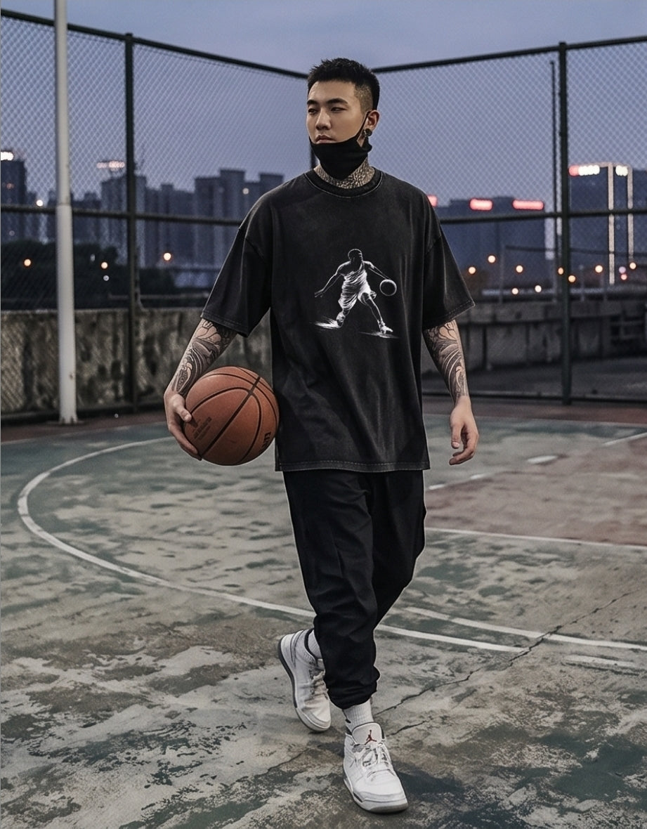 Herren 2XL  Baumwoll T-Shirt – Basketball Print, atmungsaktiv, Streetwear